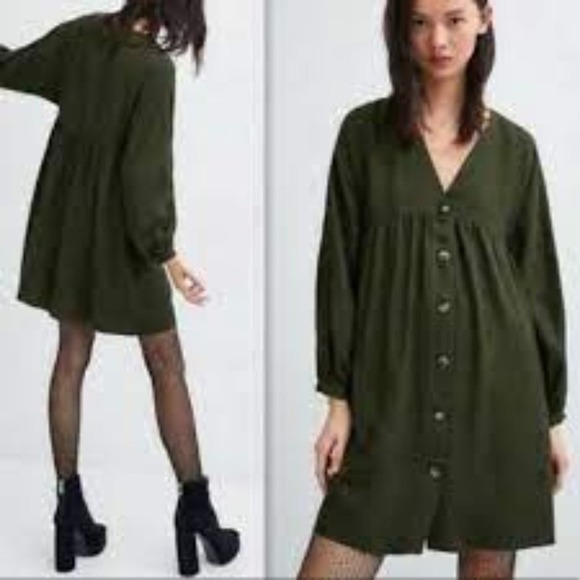 Zara Dresses & Skirts - Zara TRF Olive Green Button Up V-Neck Babydoll Long Sleeve Dress Size XS